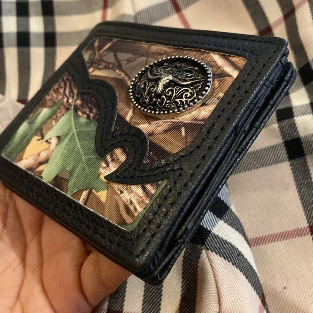 Mens Western Bi Fold Faux Leather Wallet Camo Black